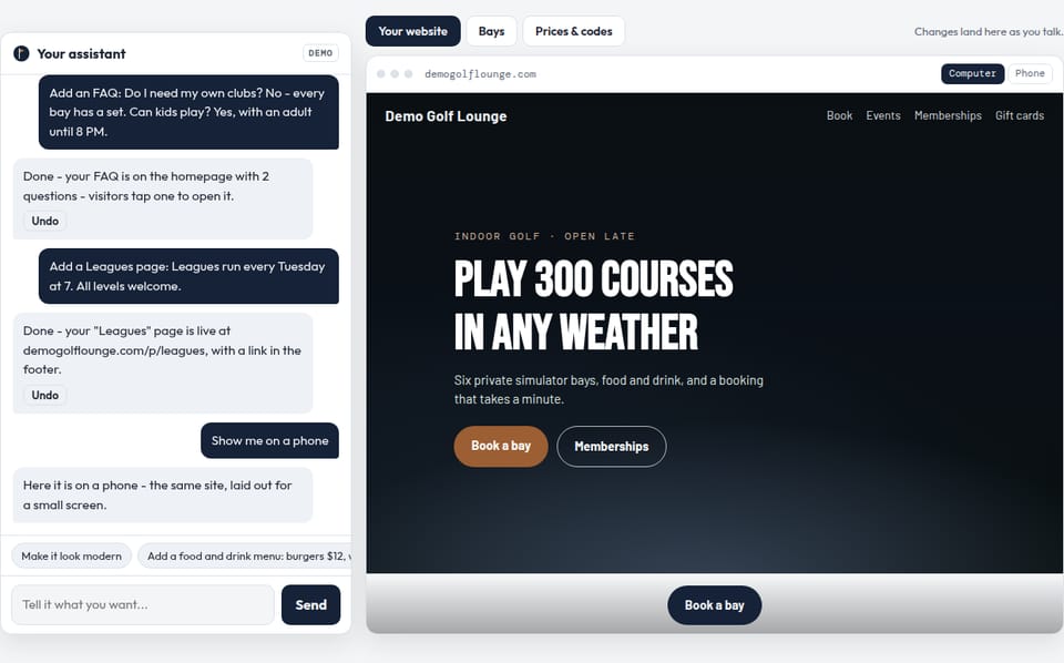 The BA Core 2 AI assistant beside the website it built for a made-up facility, Demo Golf Lounge: the chat on the left, the finished top of the site on the right.